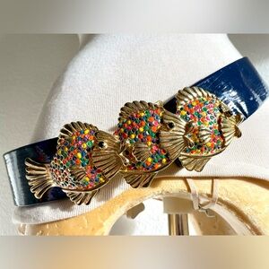 Vintage MiMi Di N Painted Goldtone Rainbow Fish Buckle Blue Patent Leather Belt